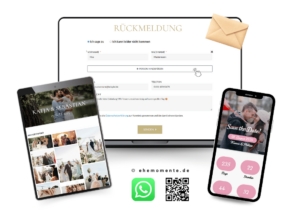 Mockup der Online-Rückmeldefunktion von ehemomente.de. Der Laptop zeigt ein RSVP-Formular mit Feldern für Namen, Kontaktdaten, Personenzahl, E-Mail-Adresse, Telefonnummer und ein Nachrichtenfeld für einen persönliche Nachricht. Ein Tablet präsentiert die Hochzeits-Fotogalerie, während das Smartphone den individuellen Countdown und Optionen zum Teilen via WhatsApp oder QR-Code zeigt.