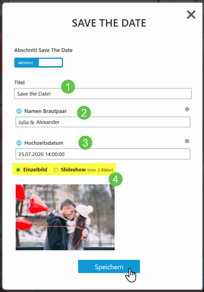 ingabeformular für die Save-the-Date Seite mit Feldern für Titel, Brautpaarnamen, Hochzeitsdatum sowie der Auswahl zwischen Einzelbild und Slideshow.