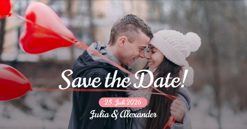Save-the-Date Titelbild mit einem verliebten Paar und der Anzeige von Datum sowie Namen des Brautpaares.