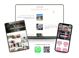 Mockup-Darstellung der ehemomente.de Hochzeitswebsite auf verschiedenen Endgeräten. Zu sehen ist eine interaktive Timeline mit Programmpunkten wie kirchlicher Trauung und Sektempfang, eine Fotogalerie auf einem Tablet sowie ein 'Save the Date'-Screen mit Countdown-Zähler auf einem Smartphone.