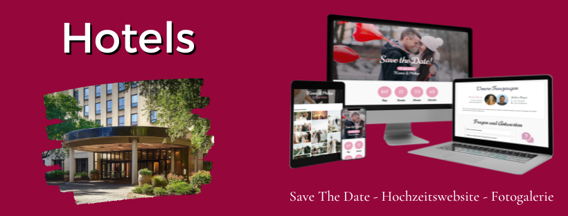 Startbild der Funktion ‚Unterkünfte & Hotelempfehlungen‘ mit einem Hotel-Foto und mehreren Geräten, die eine Hochzeitshomepage zeigen.