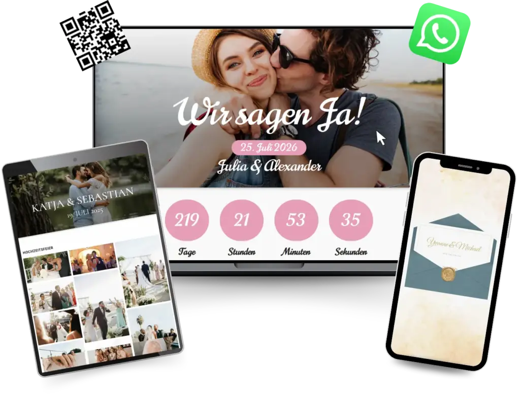 Ein umfassendes Mockup der ehemomente.de Plattform auf verschiedenen Endgeräten. Zu sehen ist die Desktop-Ansicht mit einem 'Wir sagen Ja!'-Banner und Live-Countdown, eine Tablet-Ansicht mit einer Hochzeits-Fotogalerie sowie ein Smartphone-Display mit einer animierbaren Hochzeits-Einladungskarte. Icons für WhatsApp und QR-Codes unterstreichen die einfache Teilbarkeit der digitalen Einladung mit den Hochzeitsgästen.