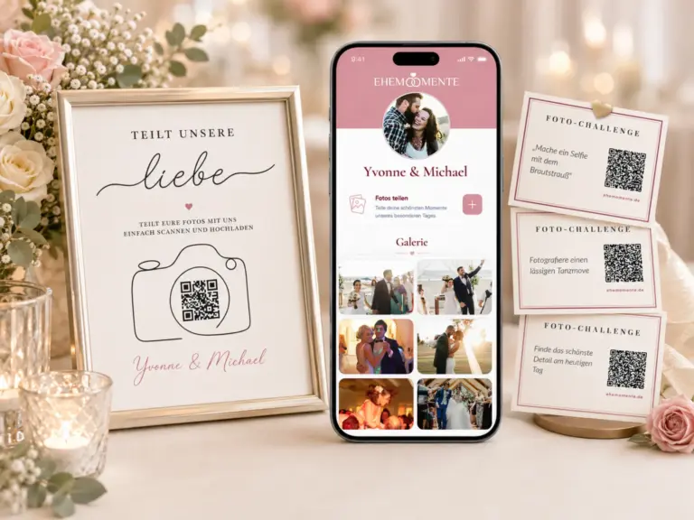 Romantisch dekorierter Tisch mit einem Smartphone im Zentrum, das die Hochzeits-App „Ehemomente“ von Yvonne & Michael zeigt. Links daneben steht ein goldener Rahmen mit der Aufforderung, Fotos per QR-Code zu teilen. Rechts sind kleine Karten mit „Foto-Challenges“ und QR-Codes gestapelt. Im Hintergrund sind sanfte Blumenarrangements und Kerzenlicht zu sehen.