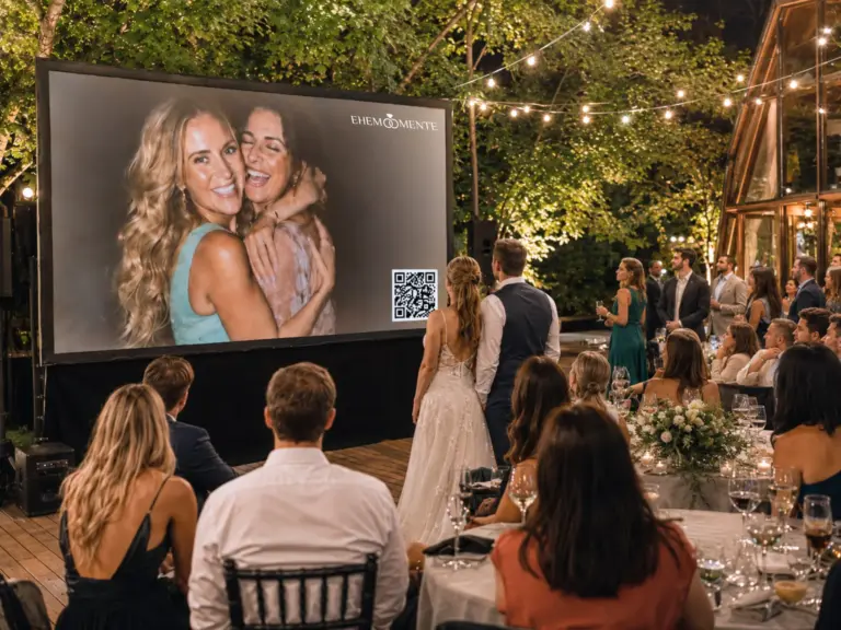 Live-Diashow auf großer Leinwand bei Hochzeitsfeier am Abend, Brautpaar und Gäste betrachten Foto mit QR-Code zum Mitmachen