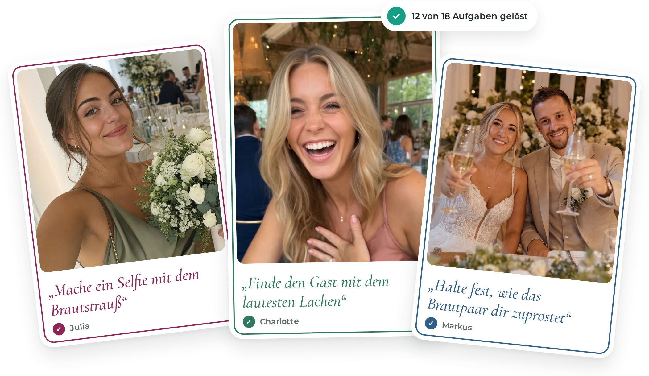 Fotoaufgaben auf der Hochzeit: Gäste lösen Foto-Challenges mit Brautstrauß, Lachen und Zuprosten